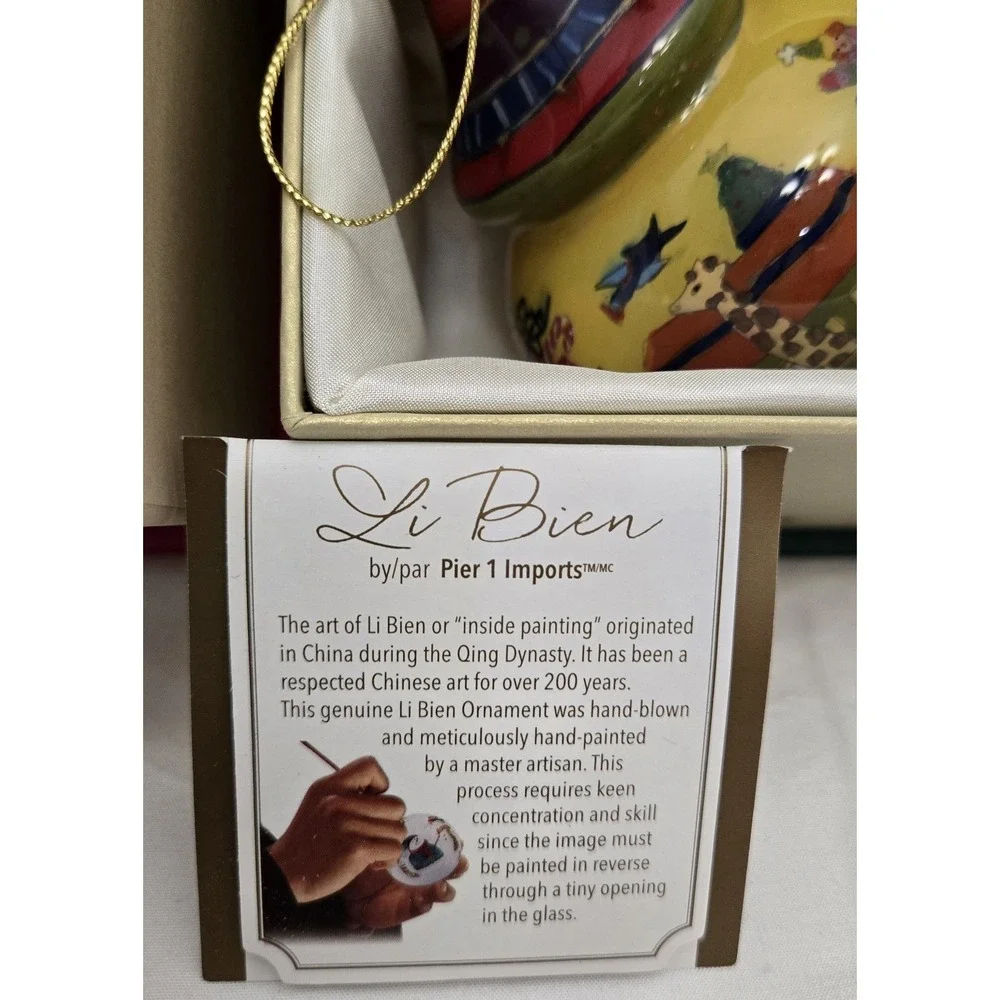 Lot/2 Pier 1 Li Bien Reverse Hand-Painted Glass Christmas Ornaments with Boxes